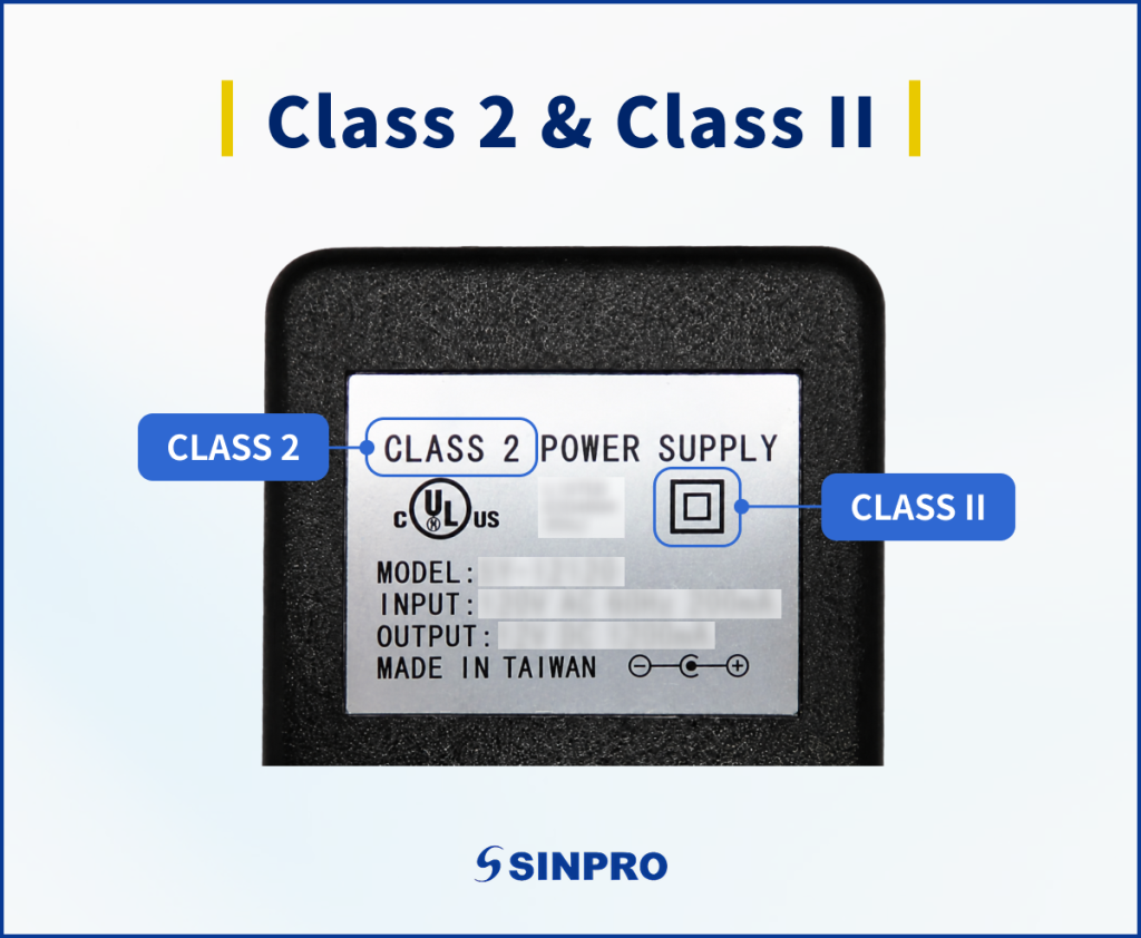 同時標有「Class 2」字樣與「Class II」雙重絕緣標誌的電源供應器標籤。