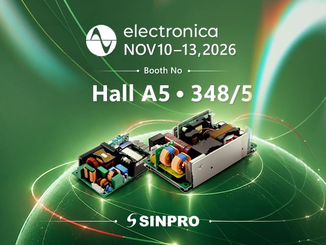 SINPRO at electronica 2026 Munich, Hall A5 Booth 348/5, open-frame power supplies